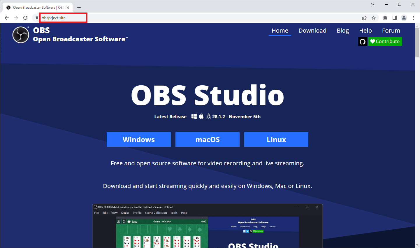 Fake OBS Studio website