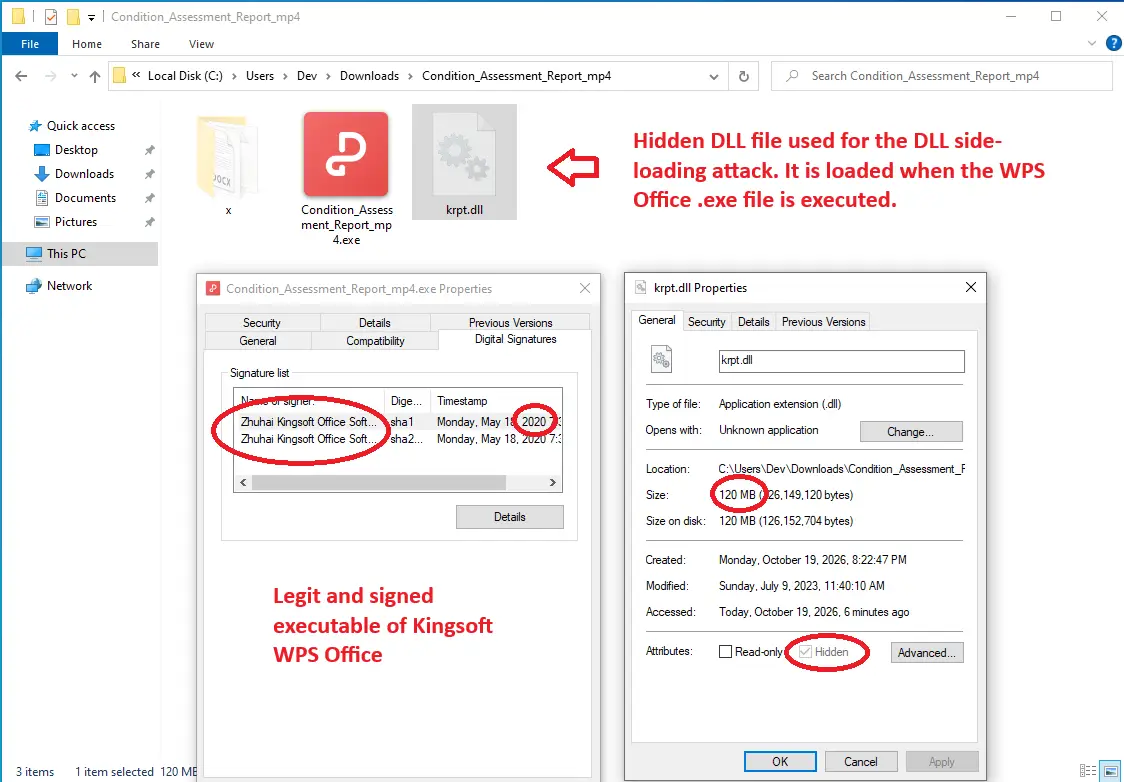 Signed WPS Office executable and hidden DLL used for DLL side-loading